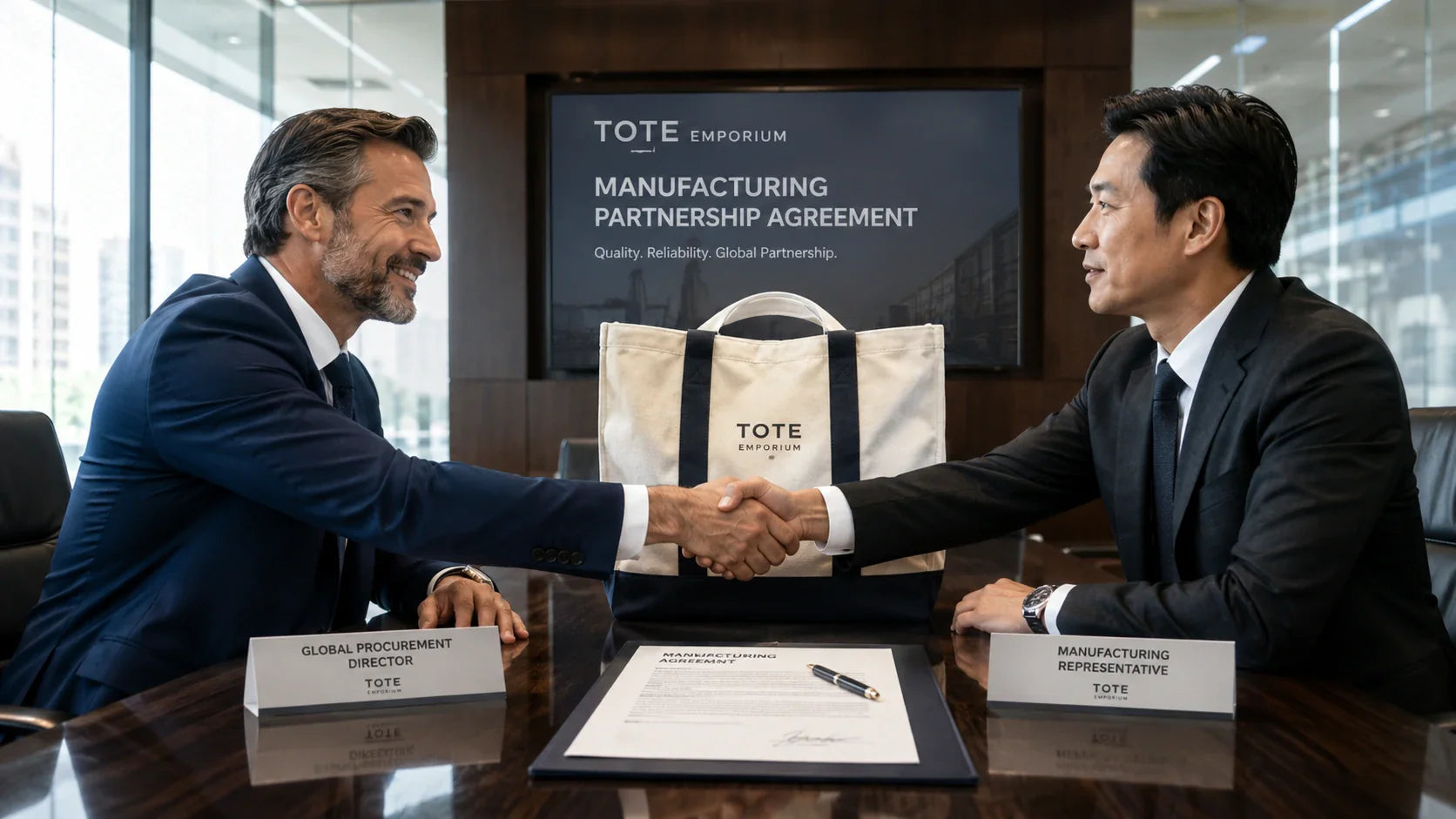 A global procurement director shaking hands with a factory representative over a premium custom canvas tote bag.