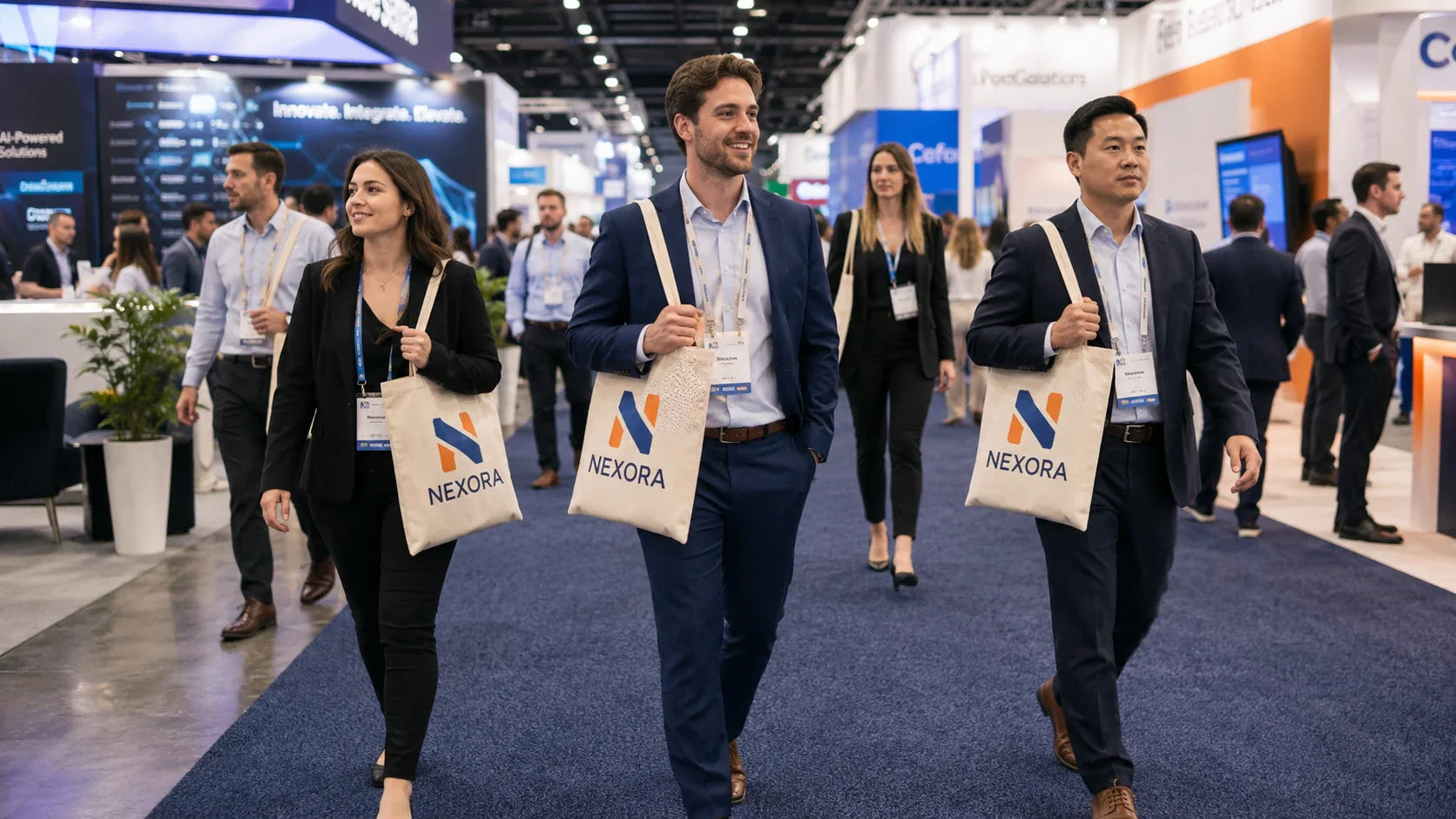Attendees carrying custom tote bags as the ultimate trade show swag at a massive corporate event.