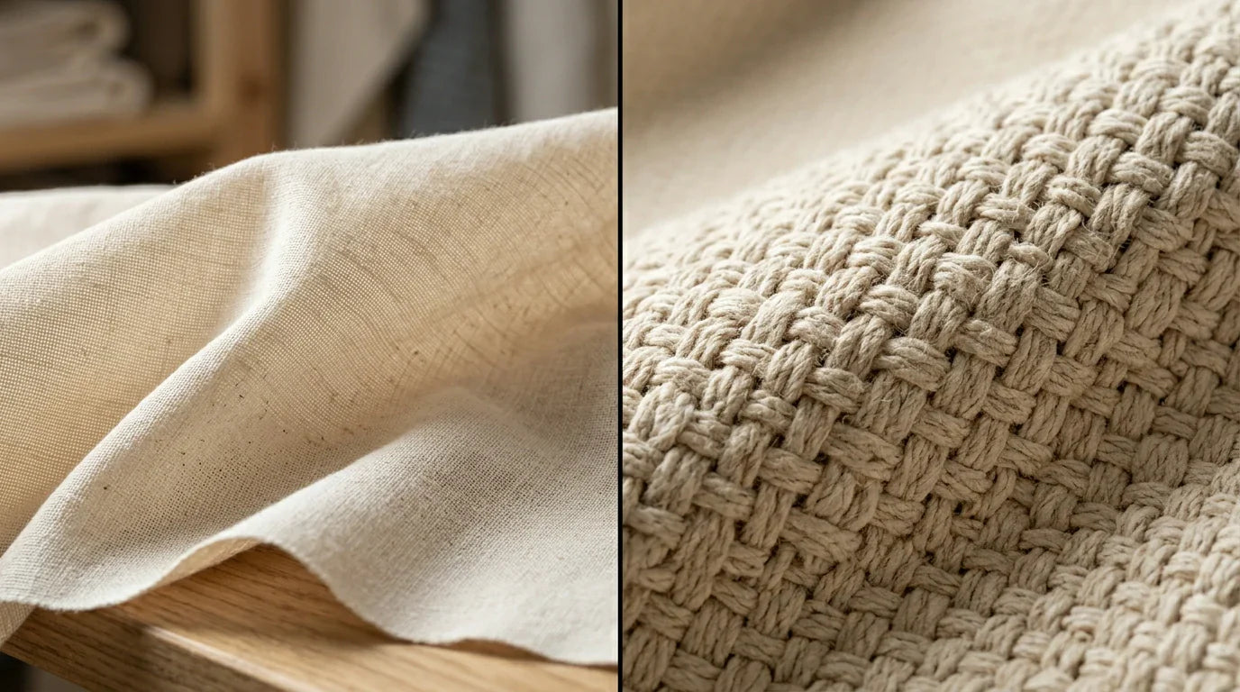A side-by-side visual comparison of a lightweight 6oz canvas fabric and a heavy-duty 12oz custom canvas tote bag.