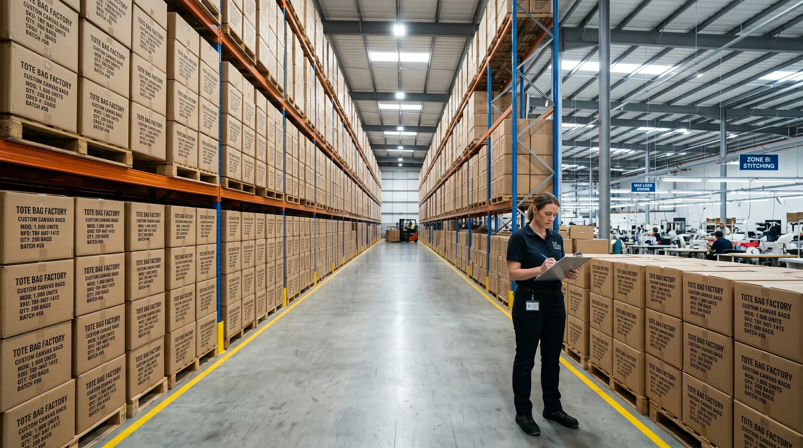 A massive factory warehouse showing large quantities of custom tote bags, symbolizing Minimum Order Quantities.