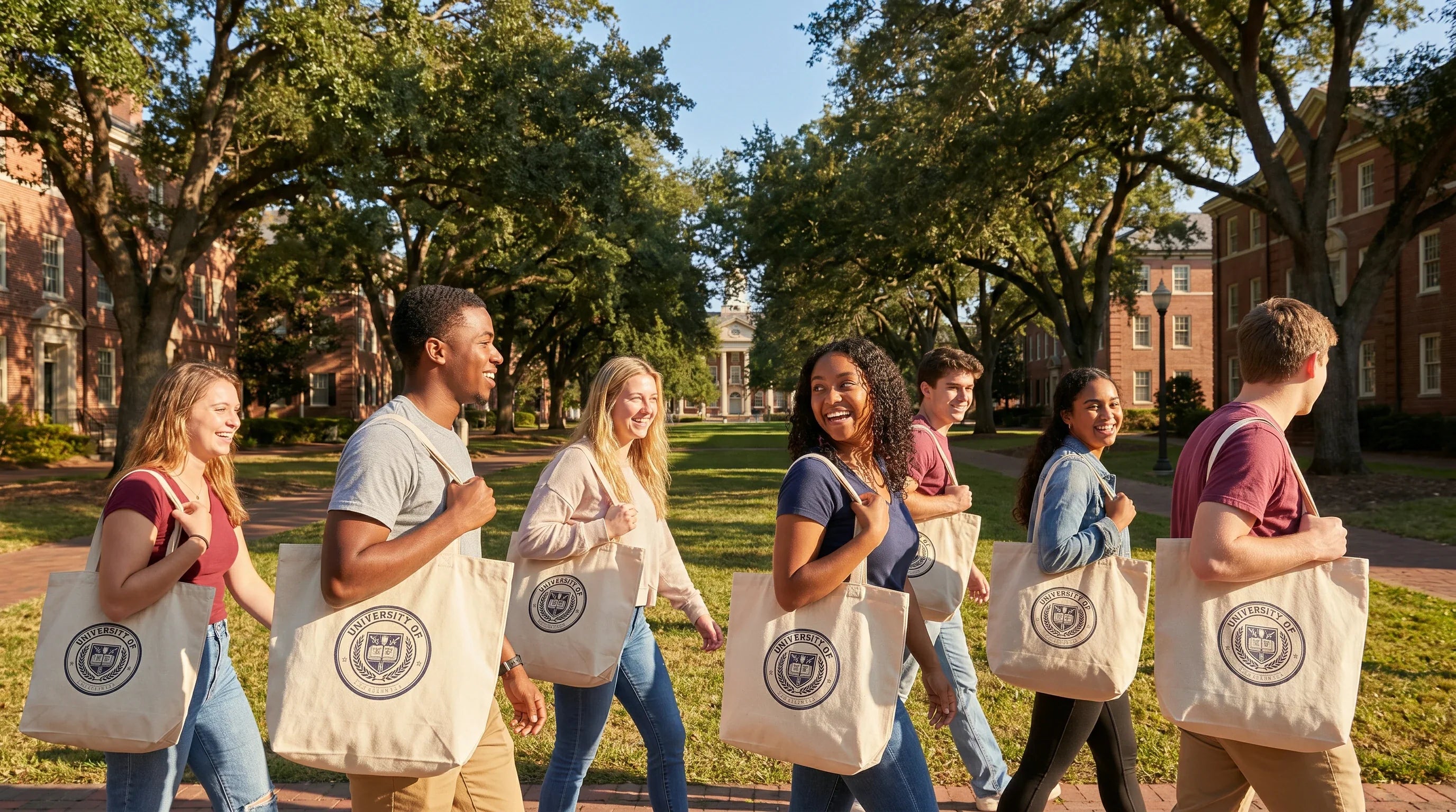 Students walking across a sunny university campus carrying branded custom tote bags.