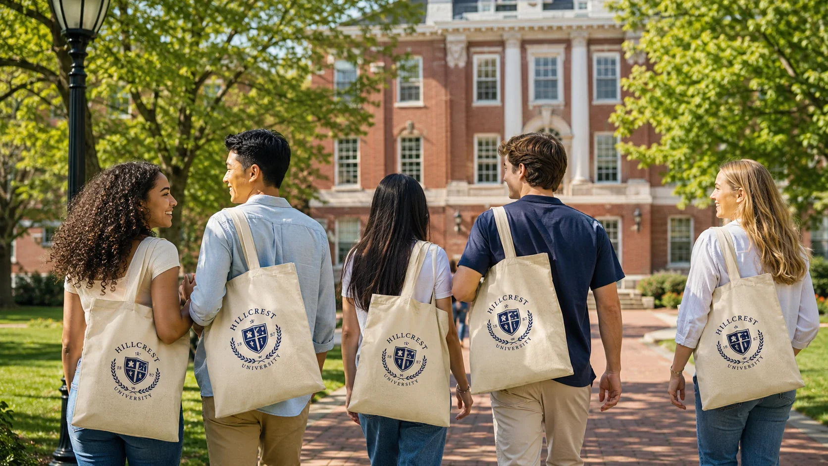 College students carrying promotional recycled tote bags on a sunny university campus.