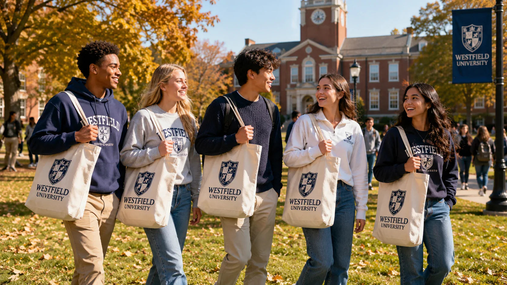 College students walking on a sunny university campus carrying durable custom tote bags.