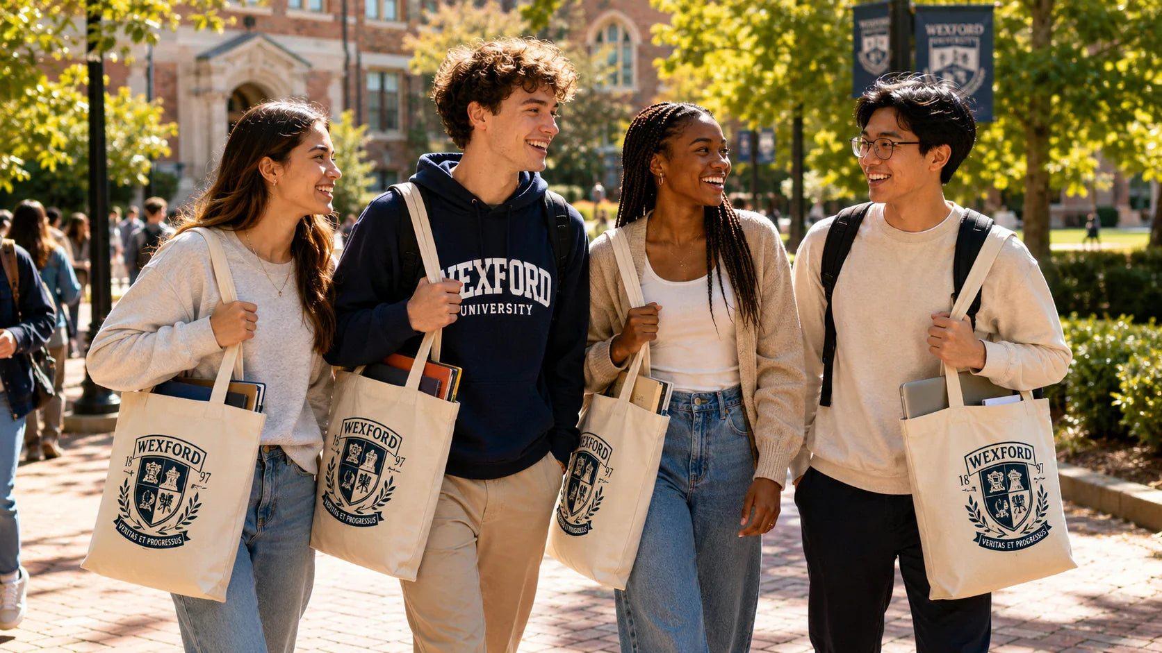 University students walking on campus carrying premium custom printed tote bags.