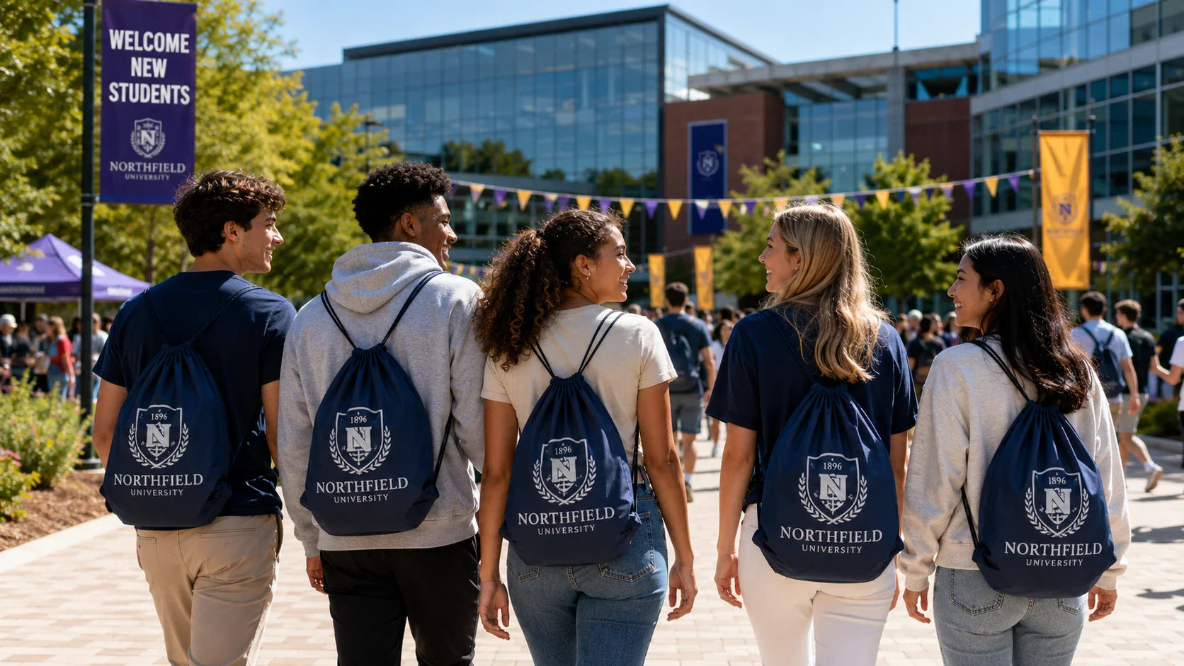 University students walking on campus wearing matching custom printed drawstring bags during Freshers' Week.