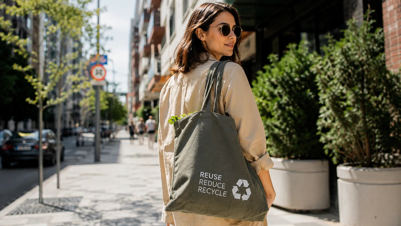 A stylish professional carrying a versatile large recycled tote bag on a sunny city street.