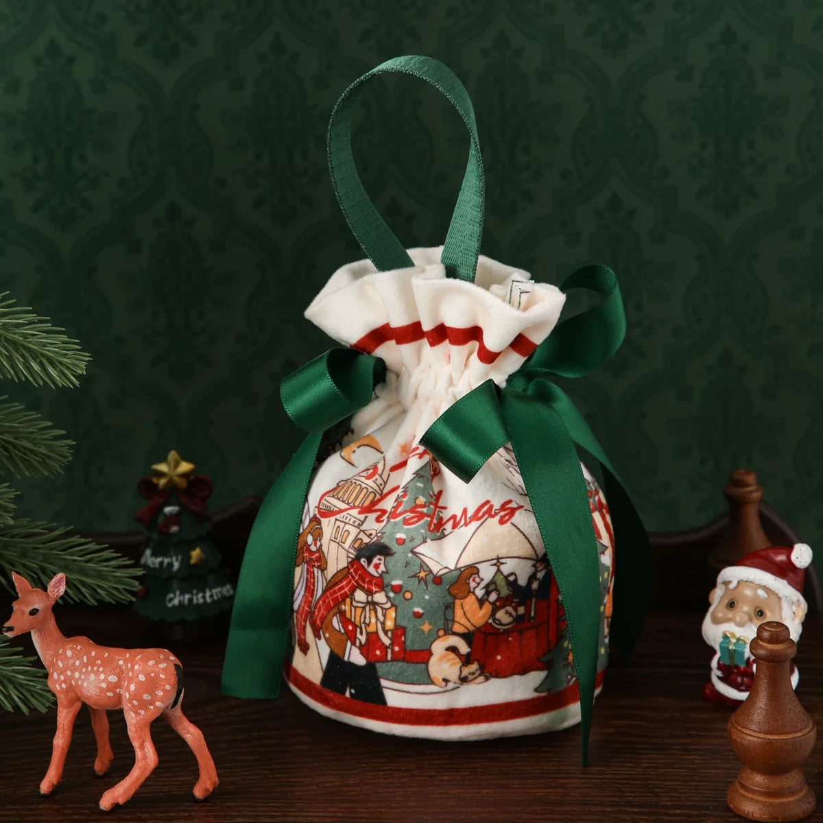Classic Green velvet-look Christmas drawstring gift bag for a school distribution pilot
