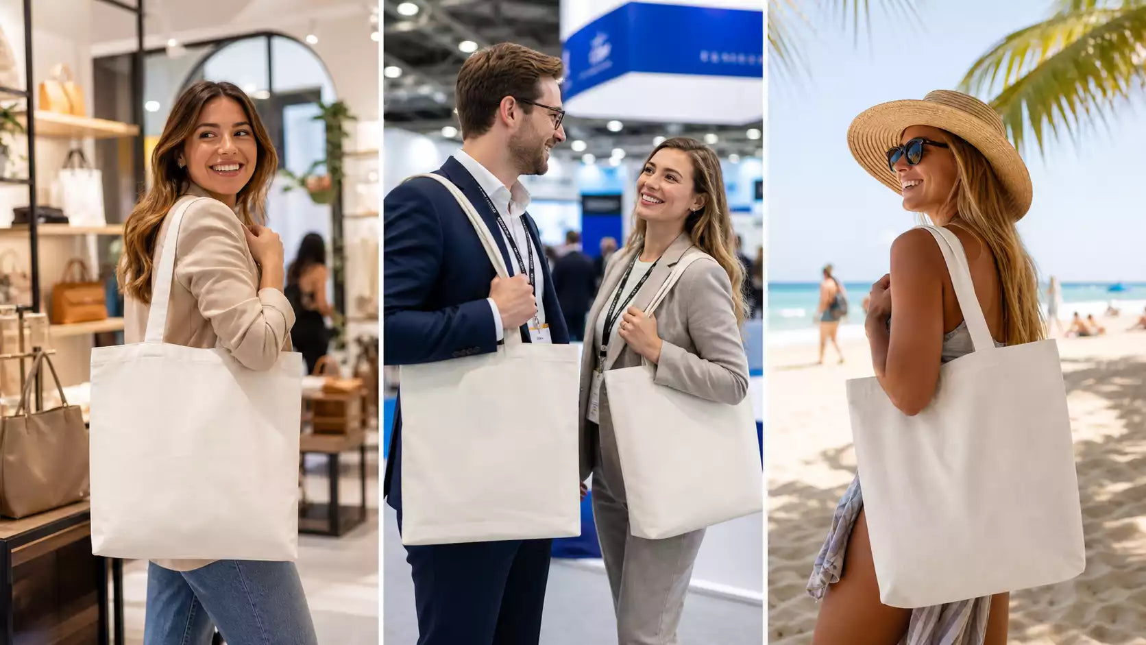 A collage showing custom tote bags used in retail, corporate events, and beach vacations by Tote Bag Factory.