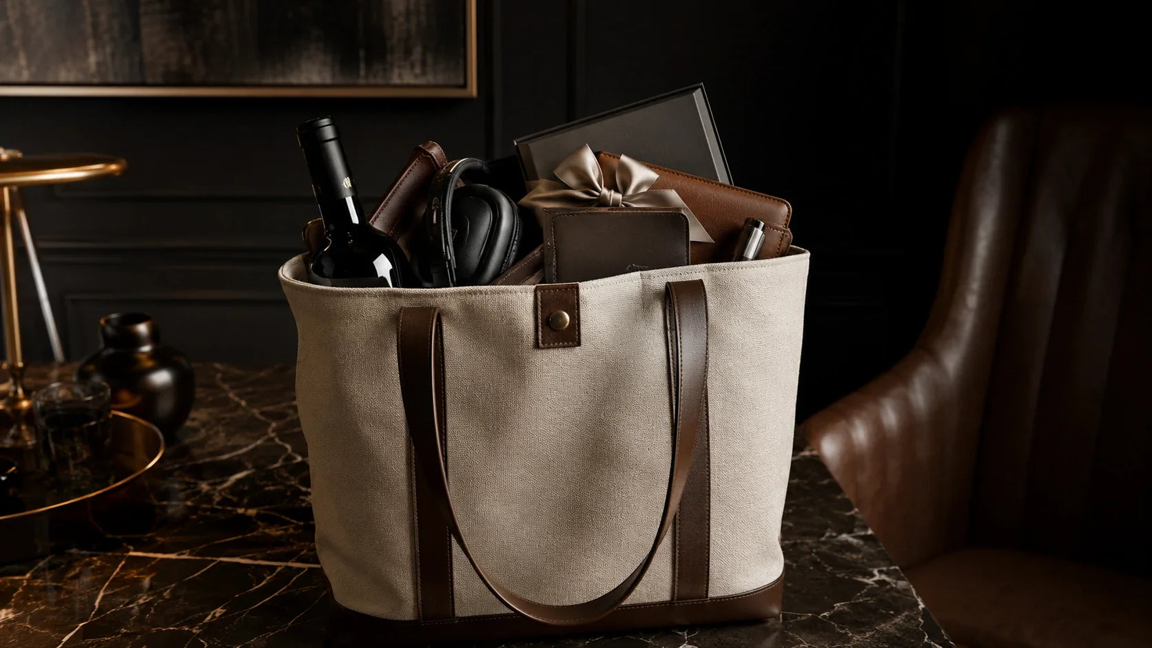 An elegant VIP customer experience featuring luxury goods packaged in premium custom tote bags.