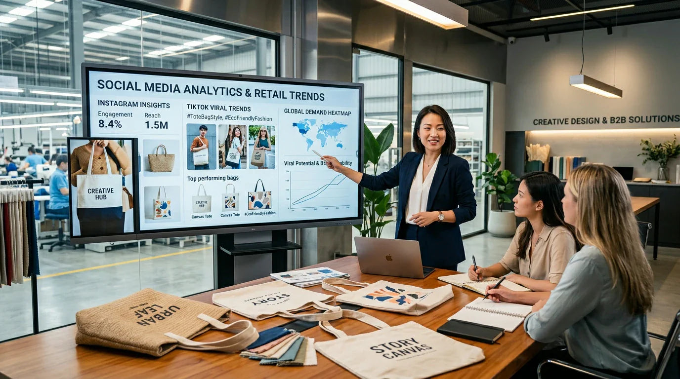 A Chinese retail marketing expert at Tote Bag Factory analyzing the viral success of limited edition custom reusable bags.