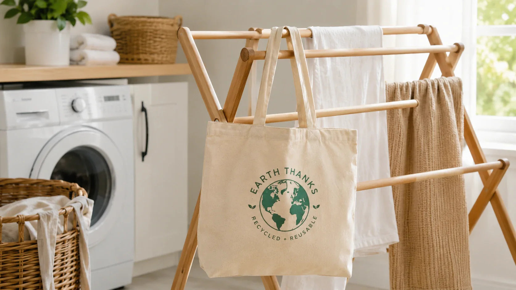 A freshly washed custom recycled tote bag hanging on a drying rack in a sunny room.