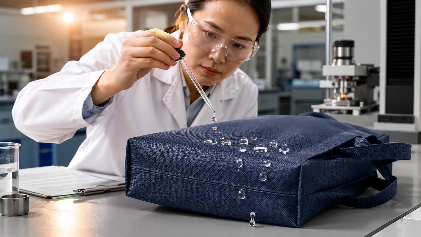 A Chinese quality control expert at Tote Bag Factory testing the water resistance of a custom eco bag.