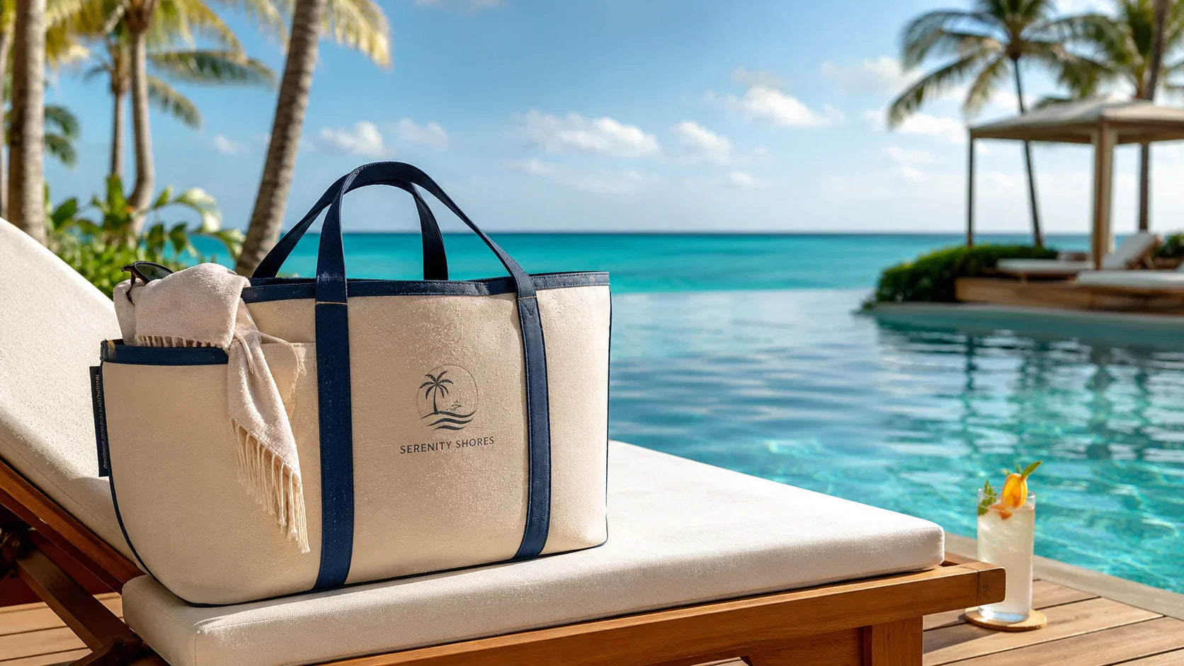A luxurious waterproof custom beach tote resting on a teak lounger next to a five-star resort infinity pool.