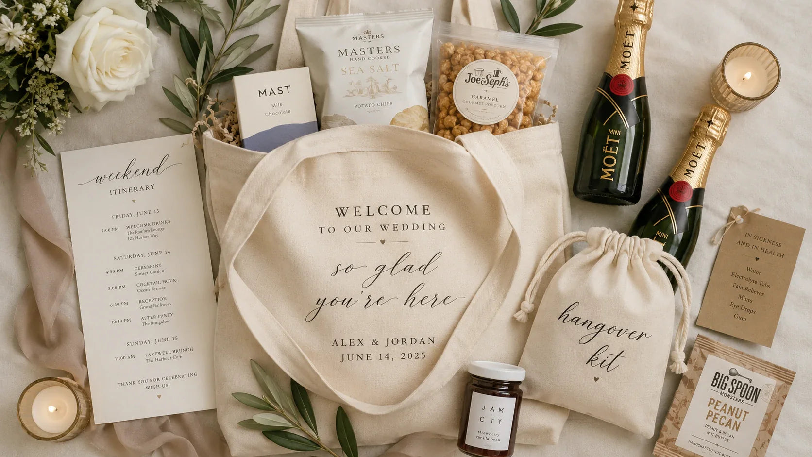 Elegantly styled wedding welcome bag filled with favors and personalized cloth tote bags.