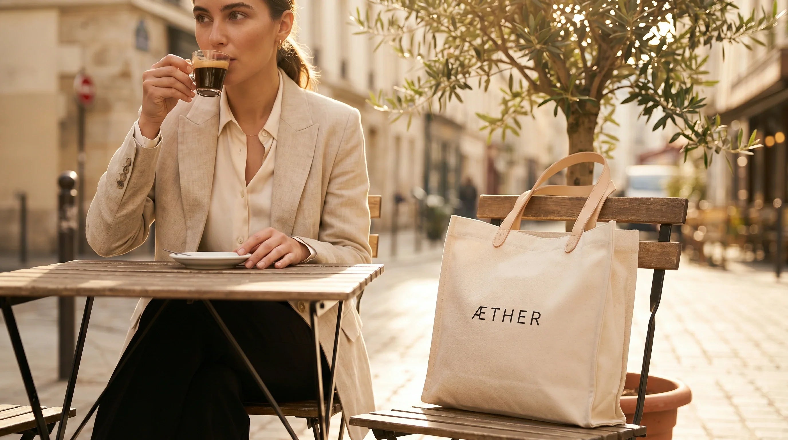 A customer proudly carrying a beautifully designed, minimalist custom shopping bag in a stylish urban cafe setting.