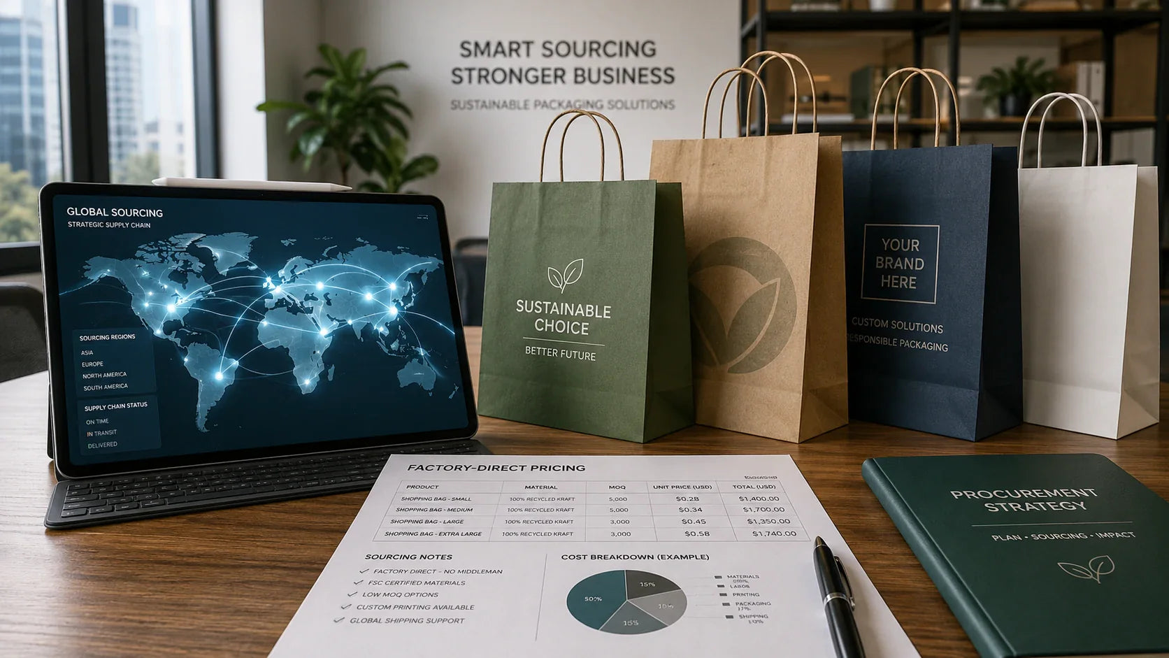 B2B sourcing concept featuring wholesale custom recycled shopping bags and a global logistics dashboard.