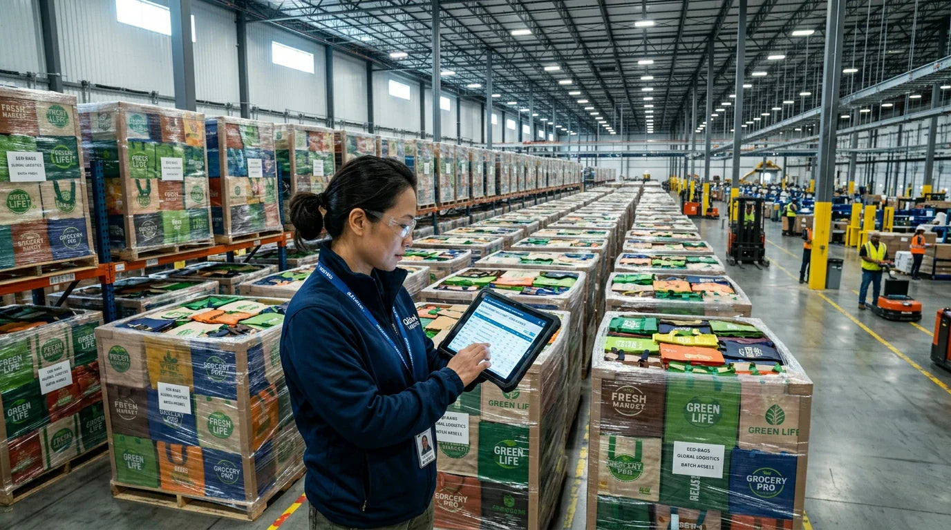 A Chinese logistics manager at Tote Bag Factory overseeing a massive shipment of reusable bags for a global supermarket chain.