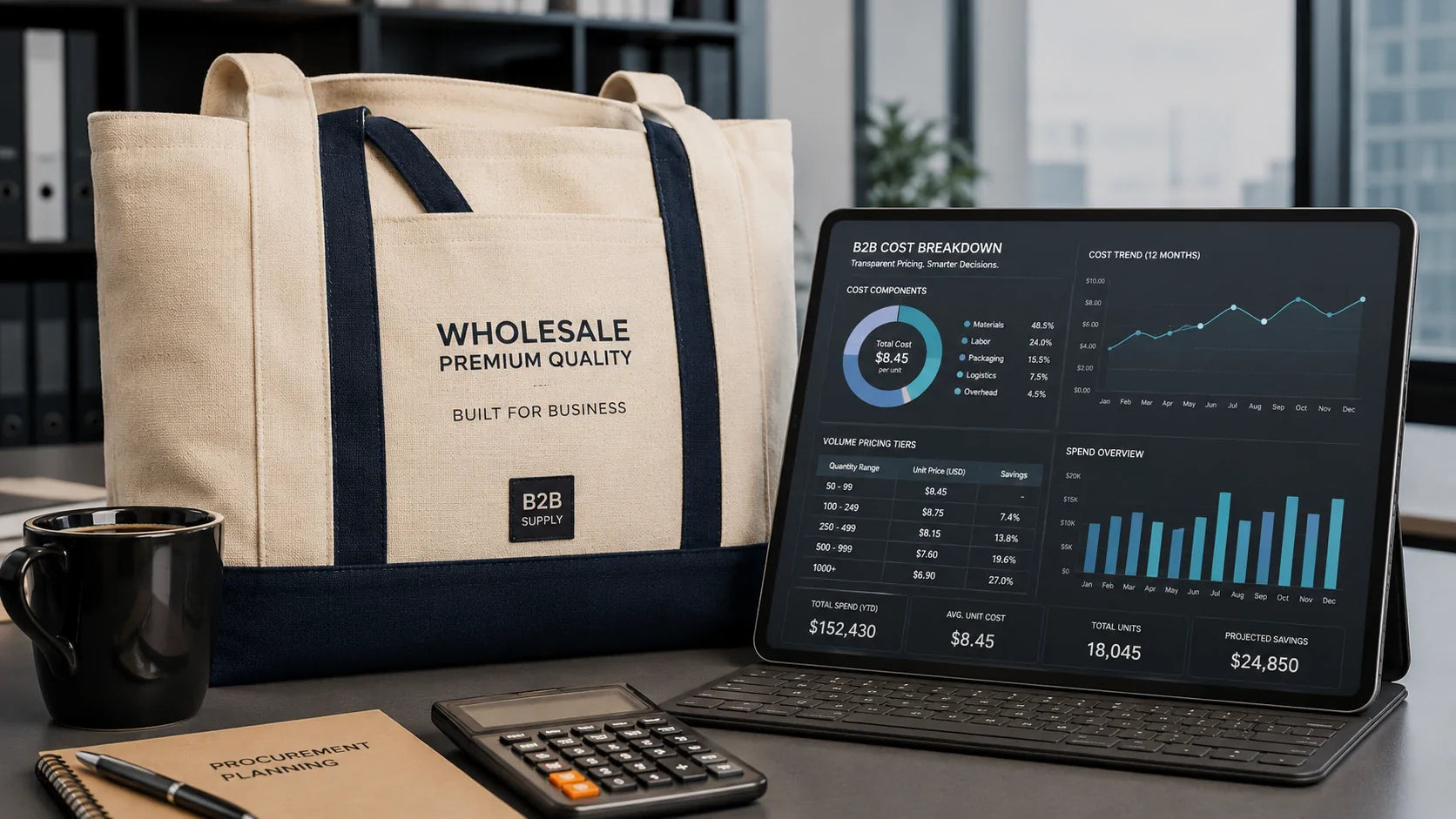 A procurement manager reviewing cost breakdown charts next to a premium wholesale tote bag.