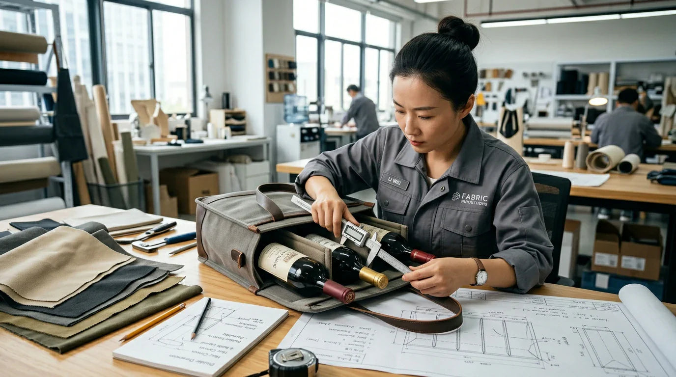 A Chinese textile engineer at Tote Bag Factory designing internal dividers for a custom reusable wine bag.