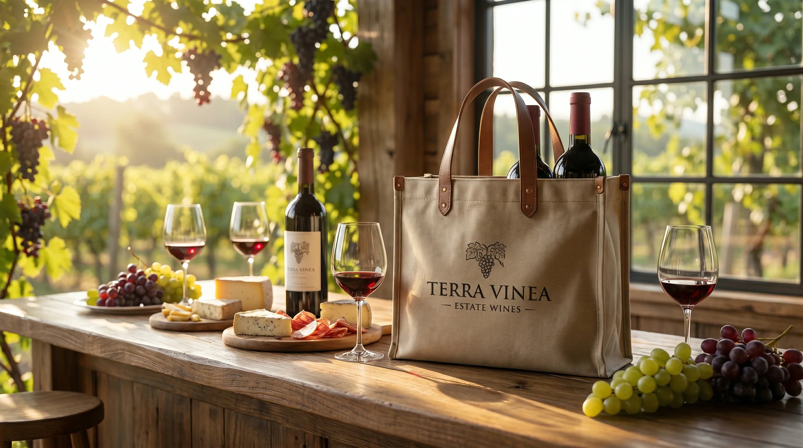 Premium custom tote bags holding wine bottles at a picturesque vineyard tasting room.