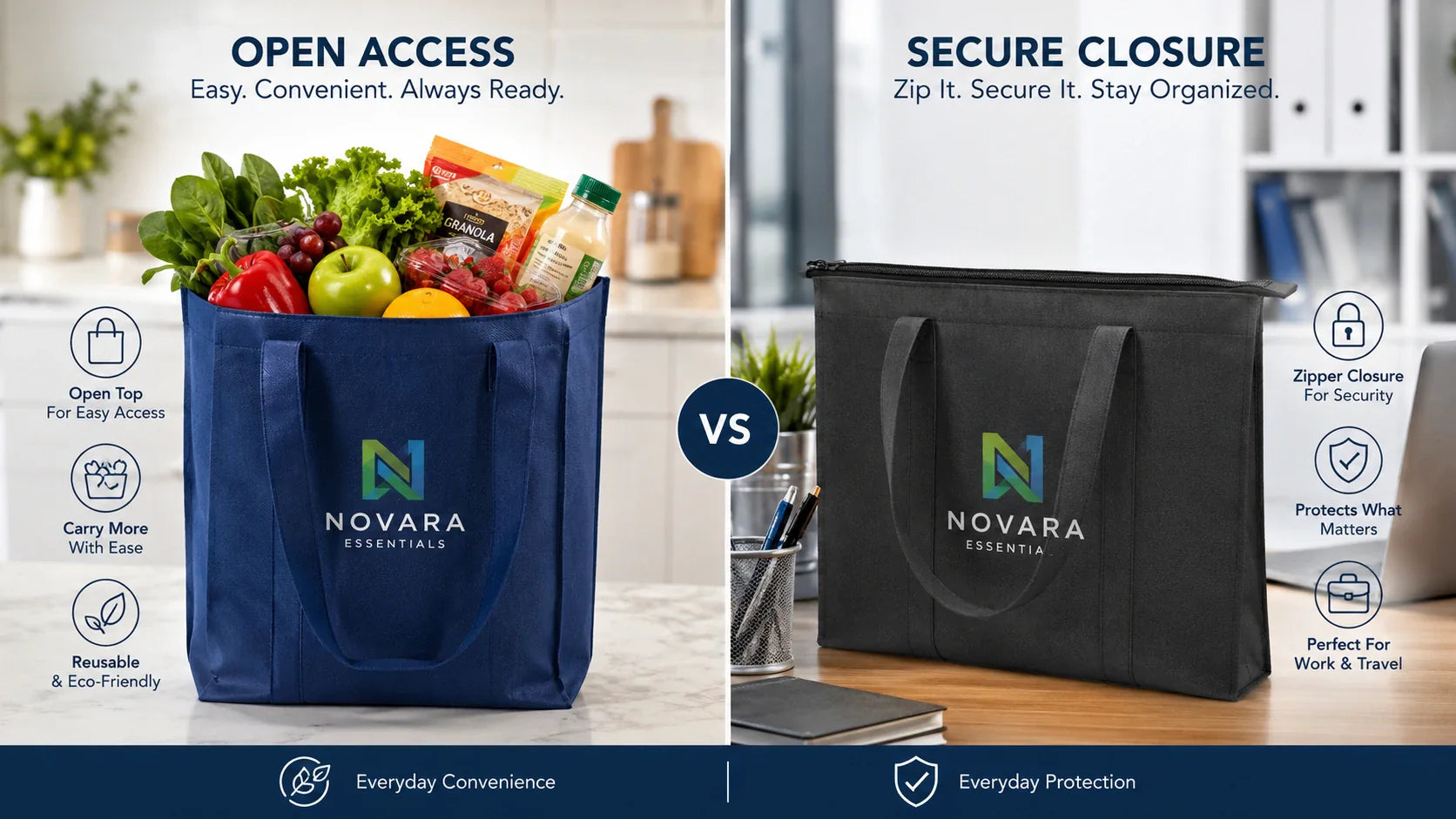 Comparing an open-top grocery bag with a secure zippered custom non woven tote bags.