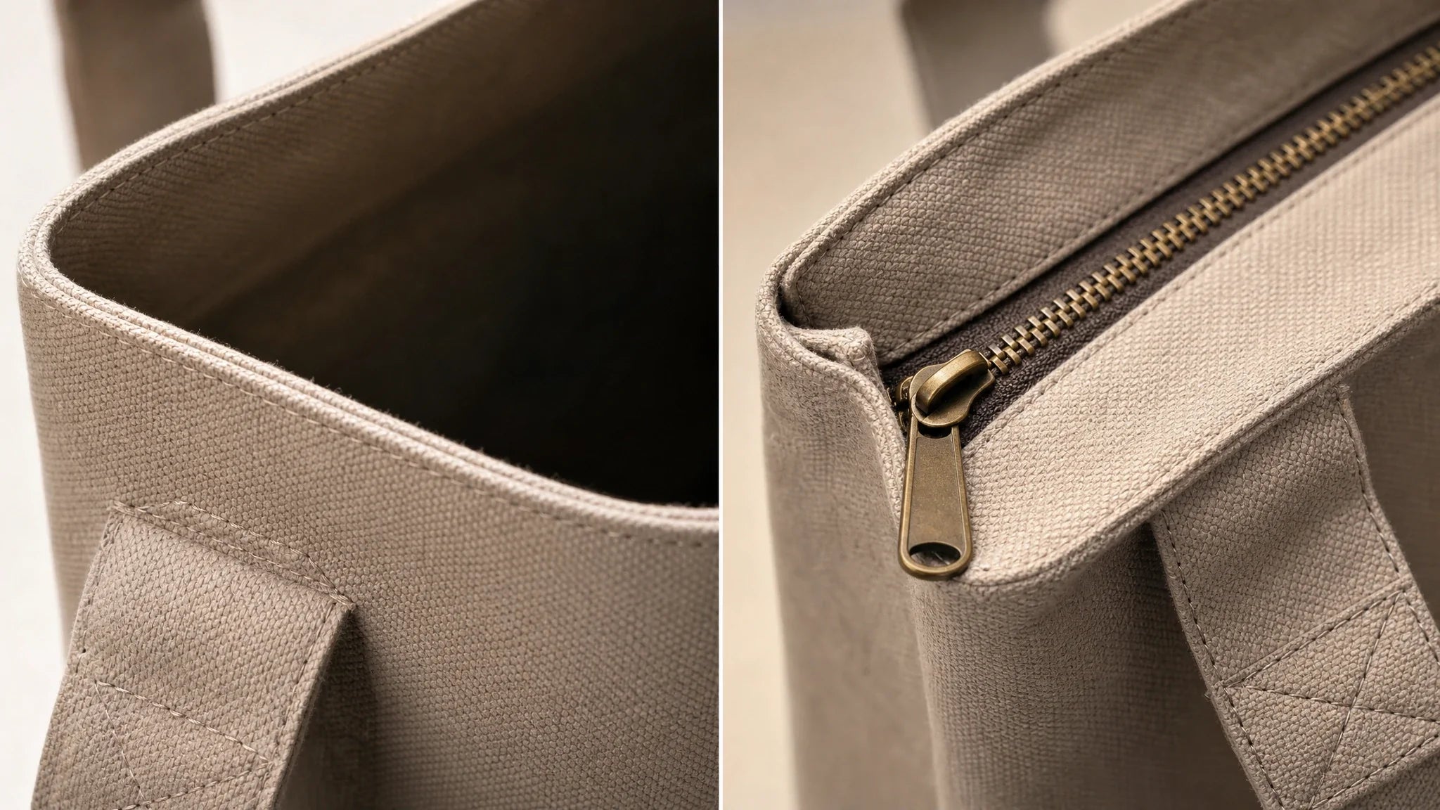 A conceptual split-screen comparing an open-top canvas tote bag with a securely zippered canvas bag.
