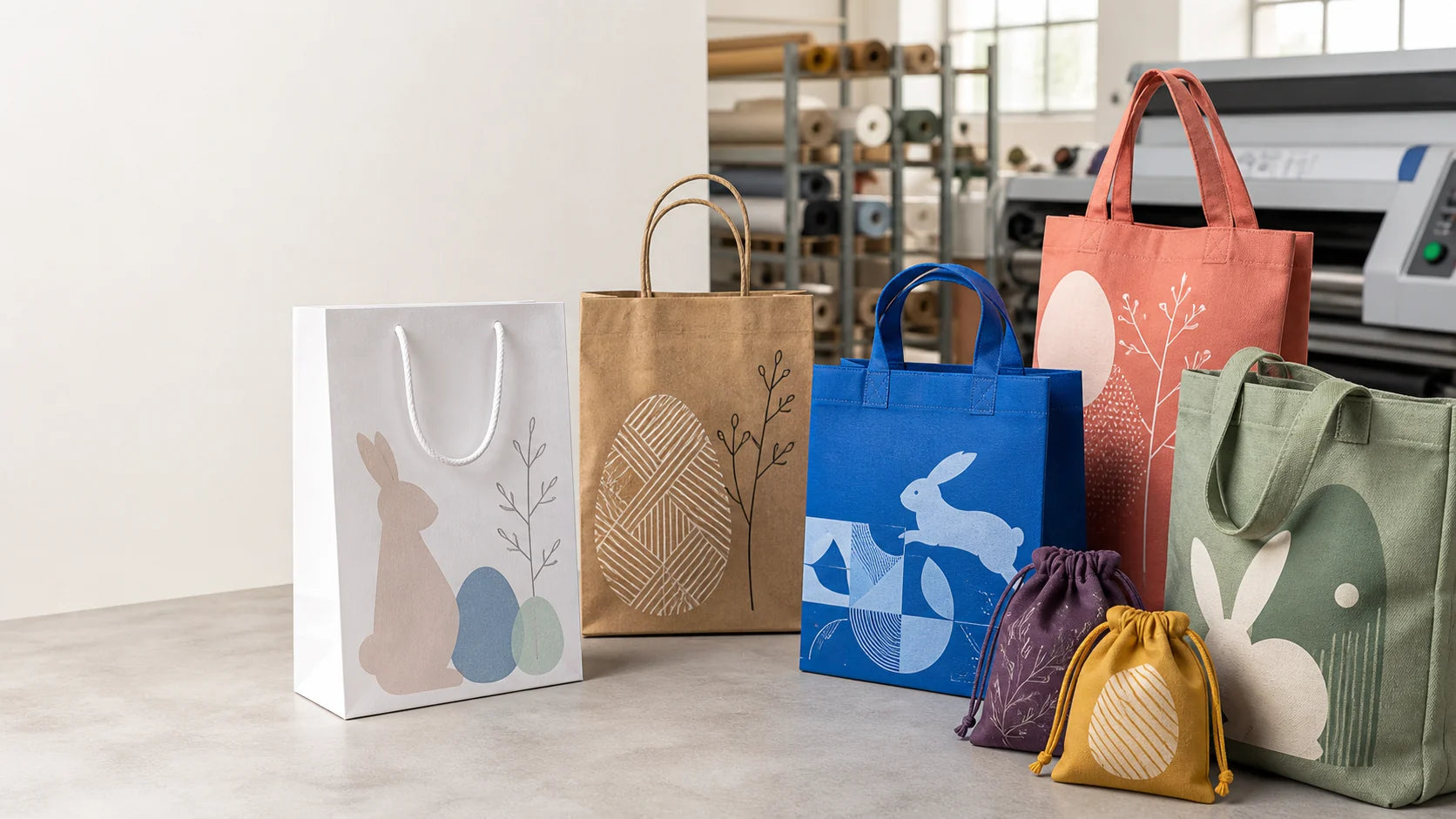 Custom Easter gift bags in paper, cotton, canvas and velvet with bunny, egg, chick and carrot designs