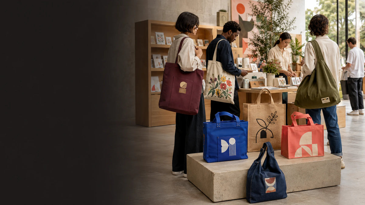 Diverse custom logo totes in canvas, cotton, jute, denim, recycled polyester and non-woven fabrics at a colorful design-market pop-up