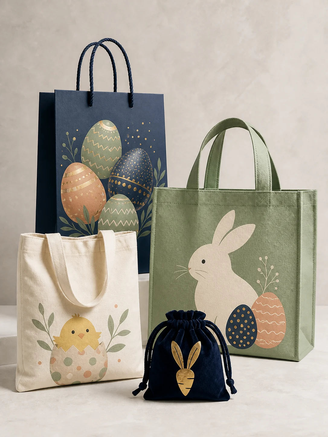 Easter gift bag range with bunny-ear paper bag, egg-hunt tote, chick sack and carrot pouch