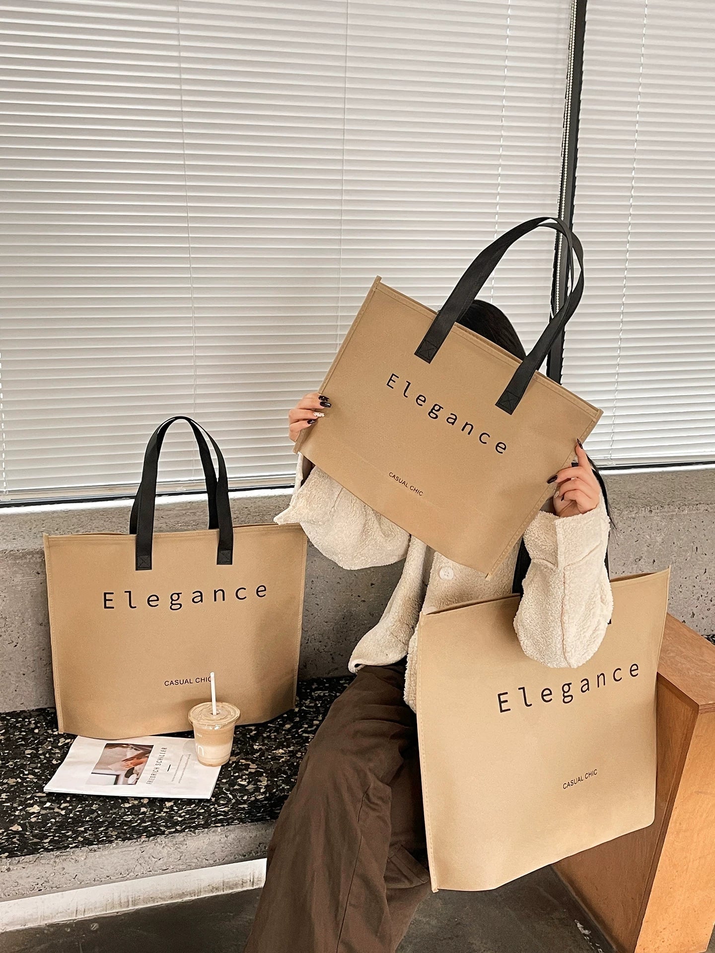 Tan Elegance zipper non-woven tote bags in three sizes