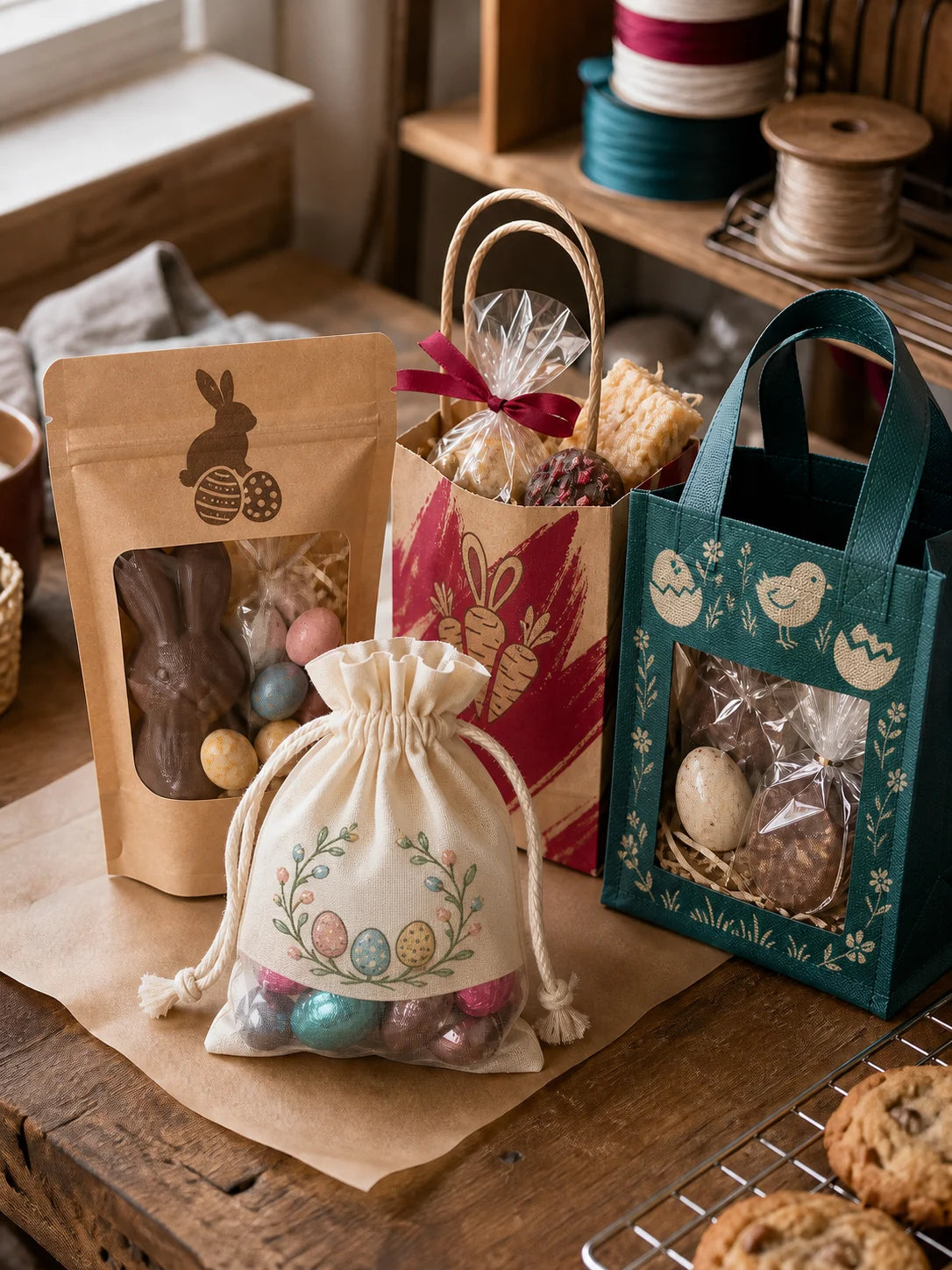 Custom Easter treat bags for bakeries and candy shops with rabbit, egg, chick and carrot artwork