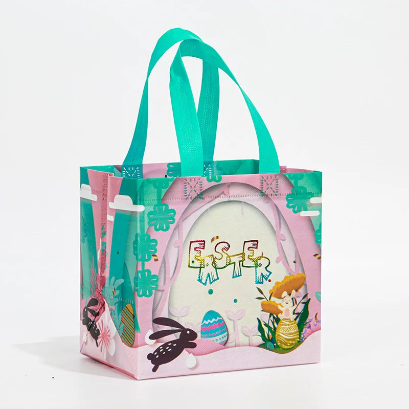 Turquoise gusseted non-woven Easter gift bag with bunny design