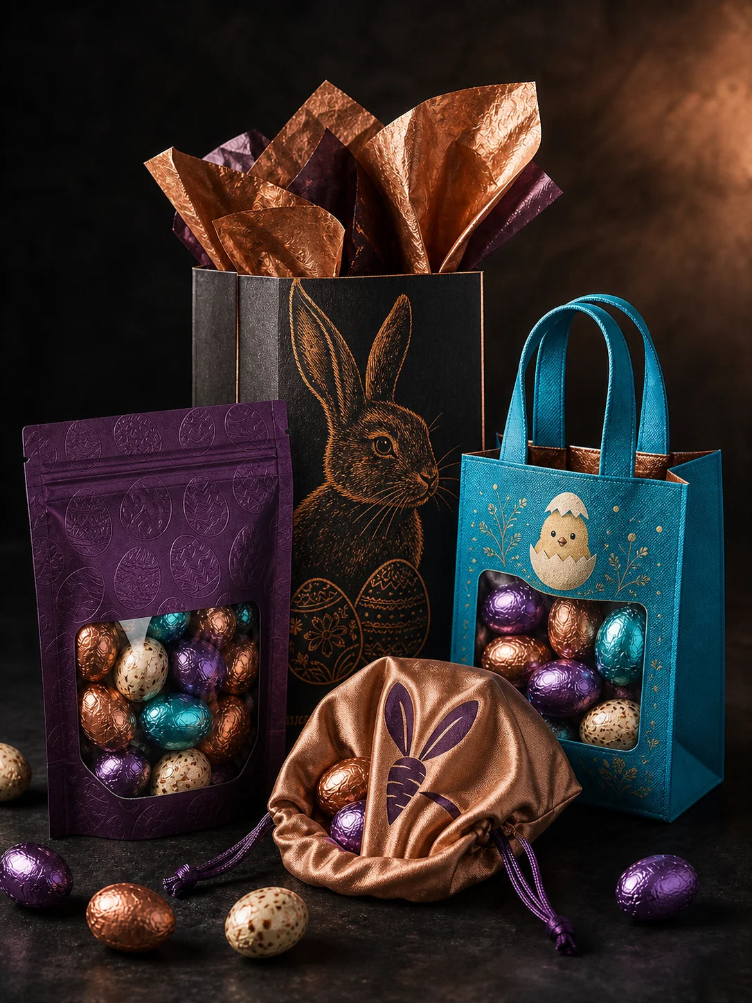Easter candy packaging in paper, satin and nonwoven bags with premium rabbit and egg designs