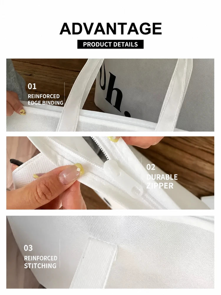 Reinforced binding zipper and stitching details of a white non-woven tote bag