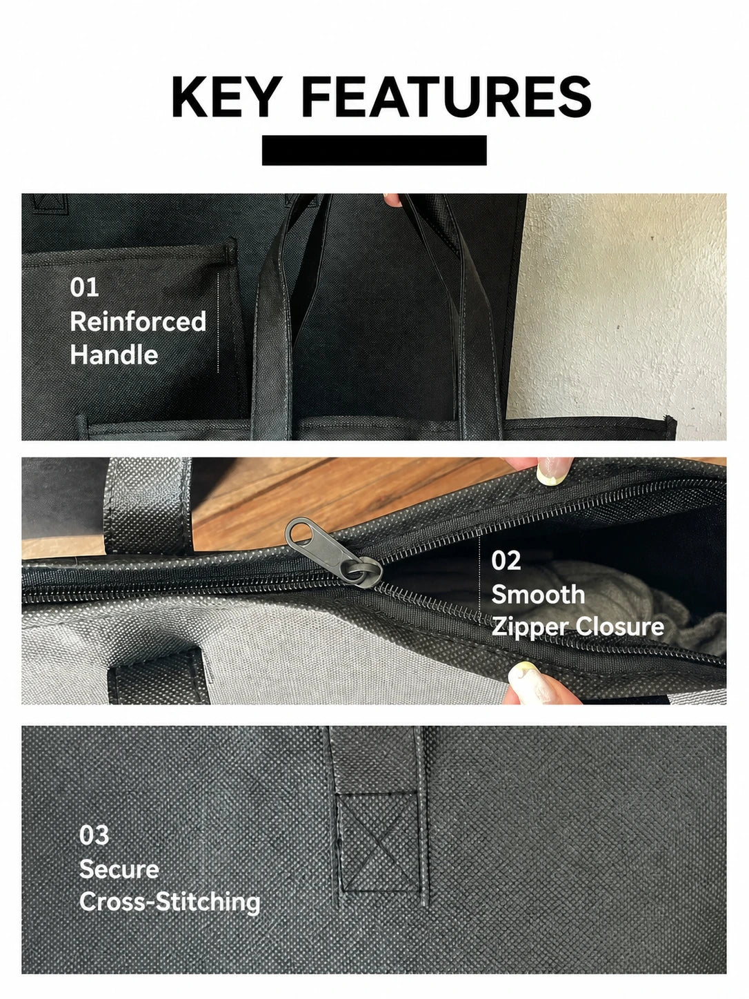 Reinforced handle, zipper closure and cross-stitching details