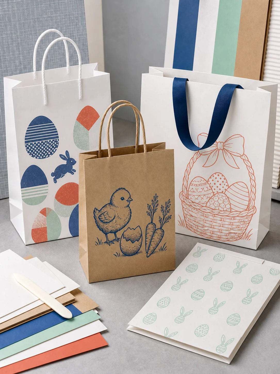 Paper and kraft Easter gift bags with bunny, chick, decorated egg and basket prints
