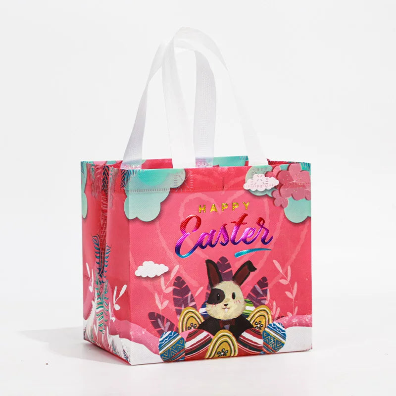 Pink gusseted non-woven Easter gift bag with black bunny design