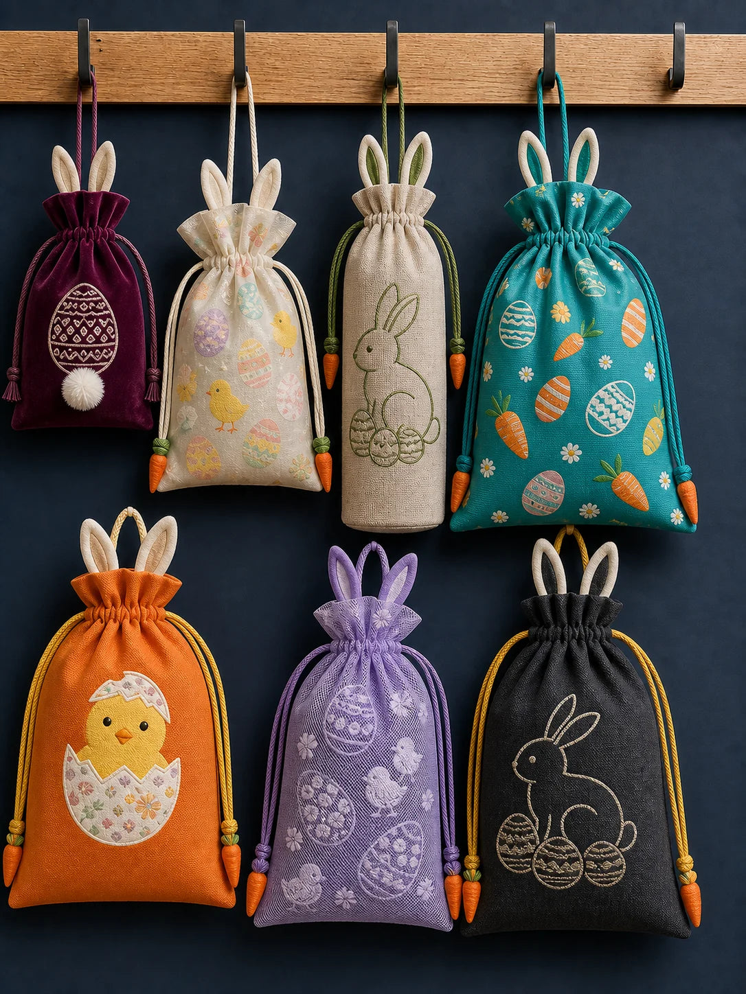 Easter drawstring bags in velvet, organza, linen and nonwoven fabric with bunny ears and egg prints