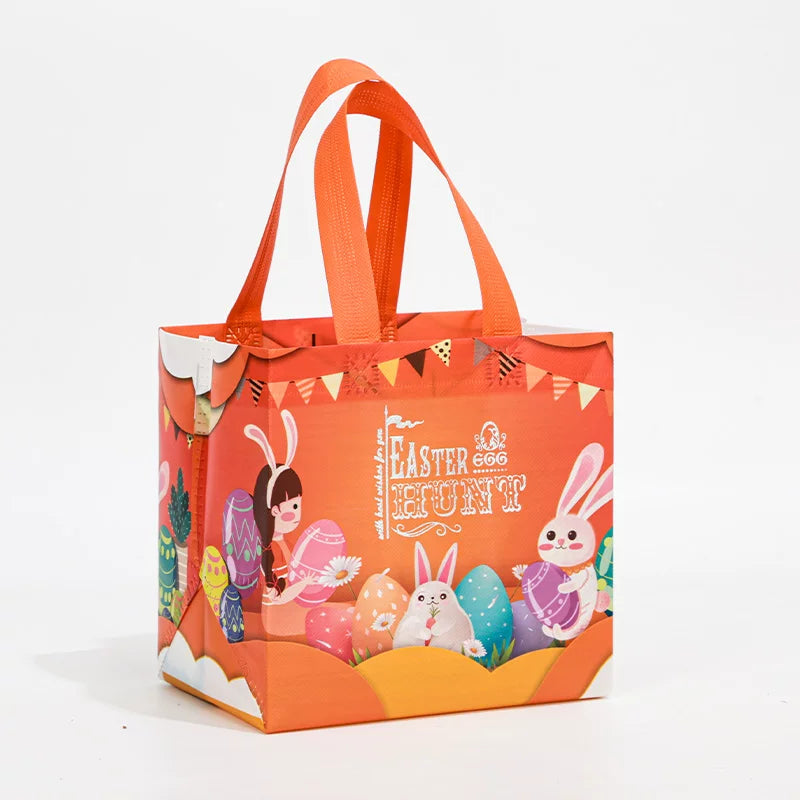 Orange gusseted non-woven Easter gift bag with egg hunt design