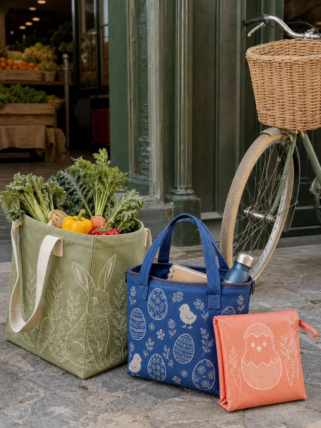 Reusable Easter totes with rabbit, decorated egg, chick and carrot graphics