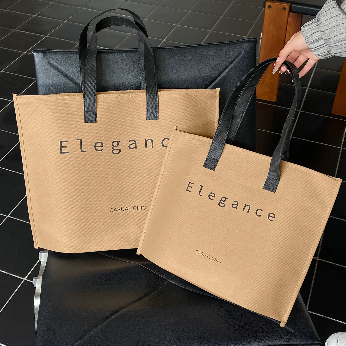 Tan Elegance zipper non-woven tote bags