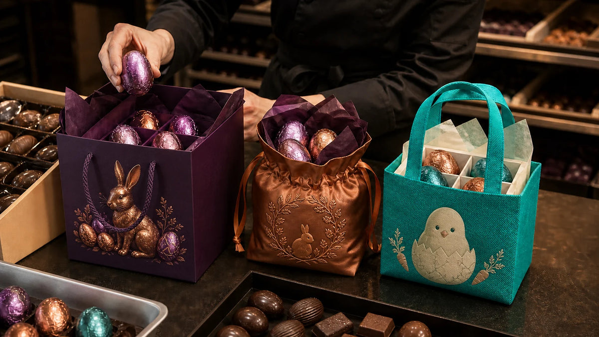 Custom Easter chocolate bags in paper, satin and nonwoven materials with rabbit and egg artwork