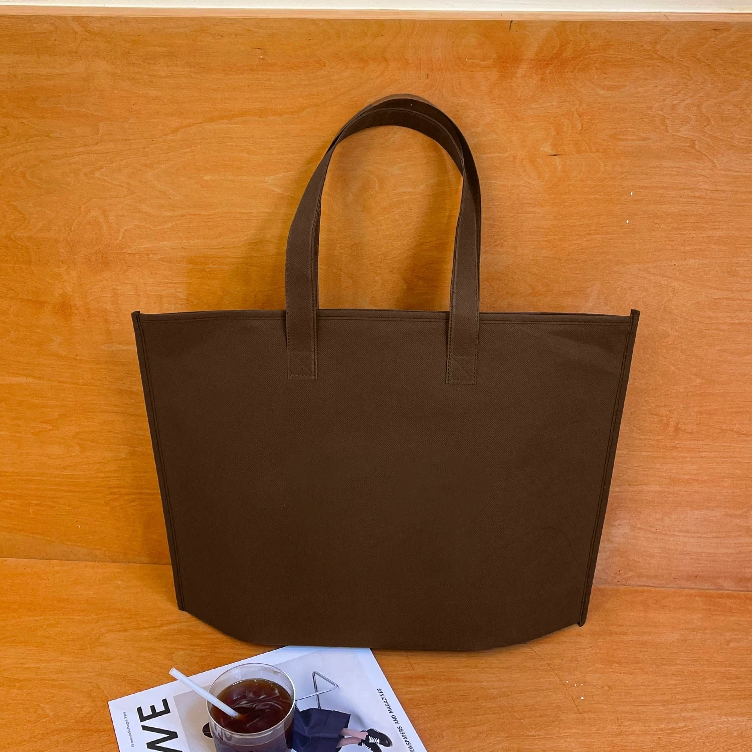 Plain brown zippered non-woven tote bag