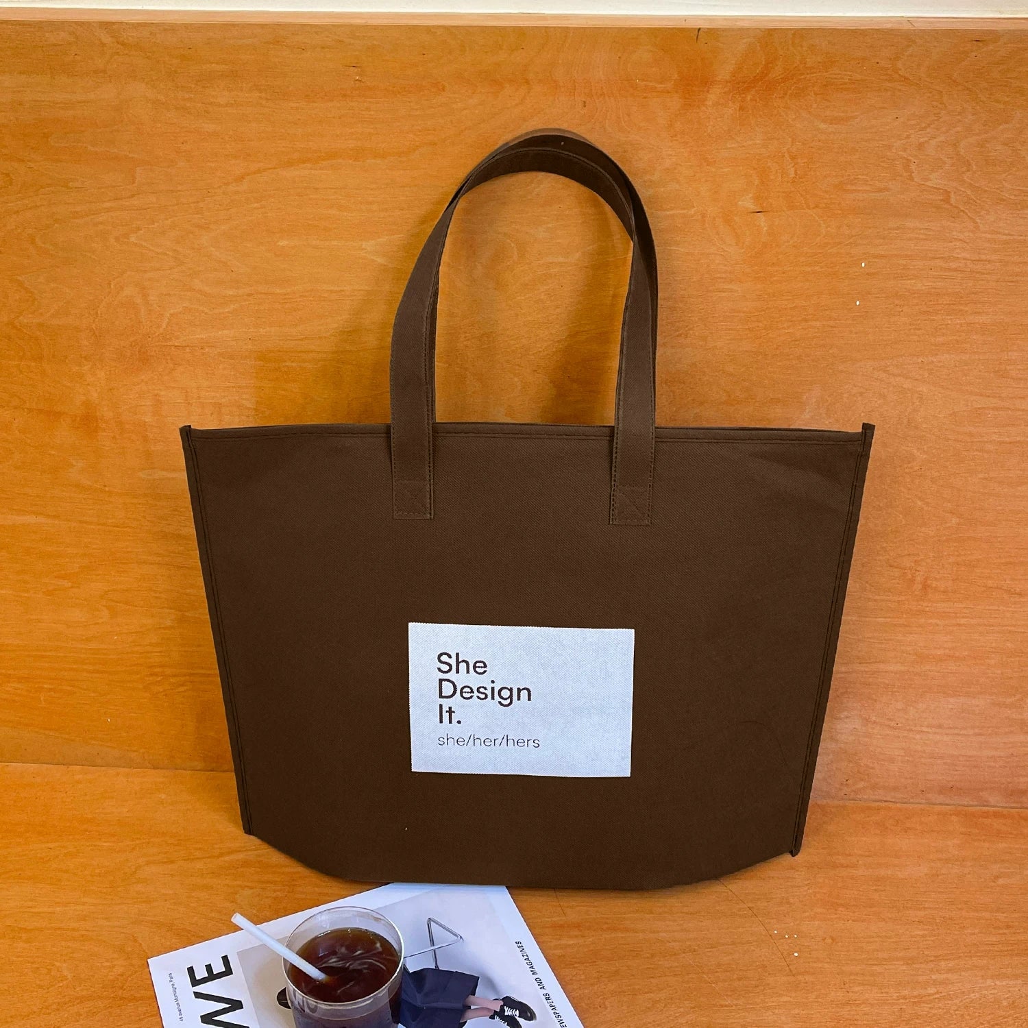 She Brown zippered non-woven tote bag
