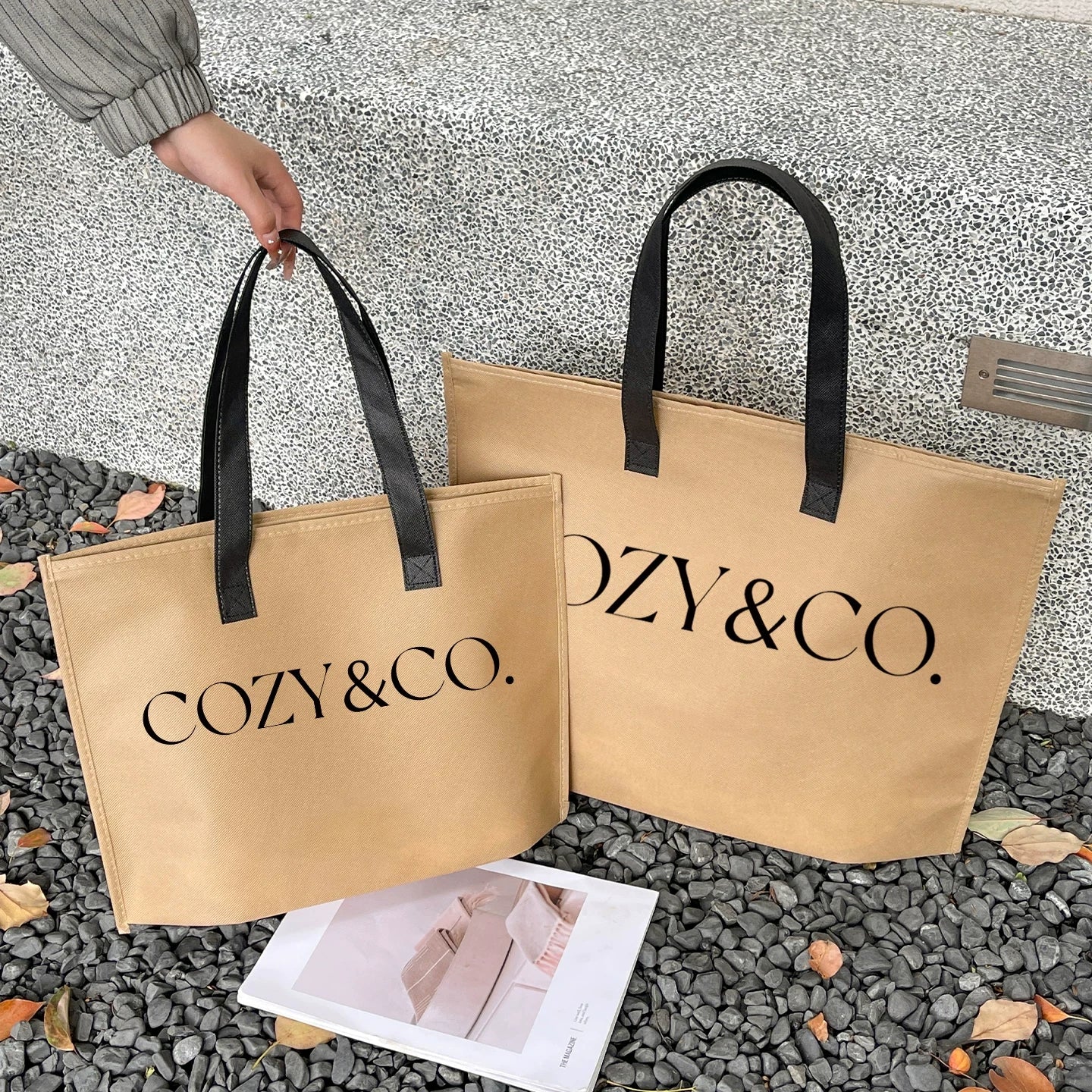 Tan COZY zipper non-woven tote bags