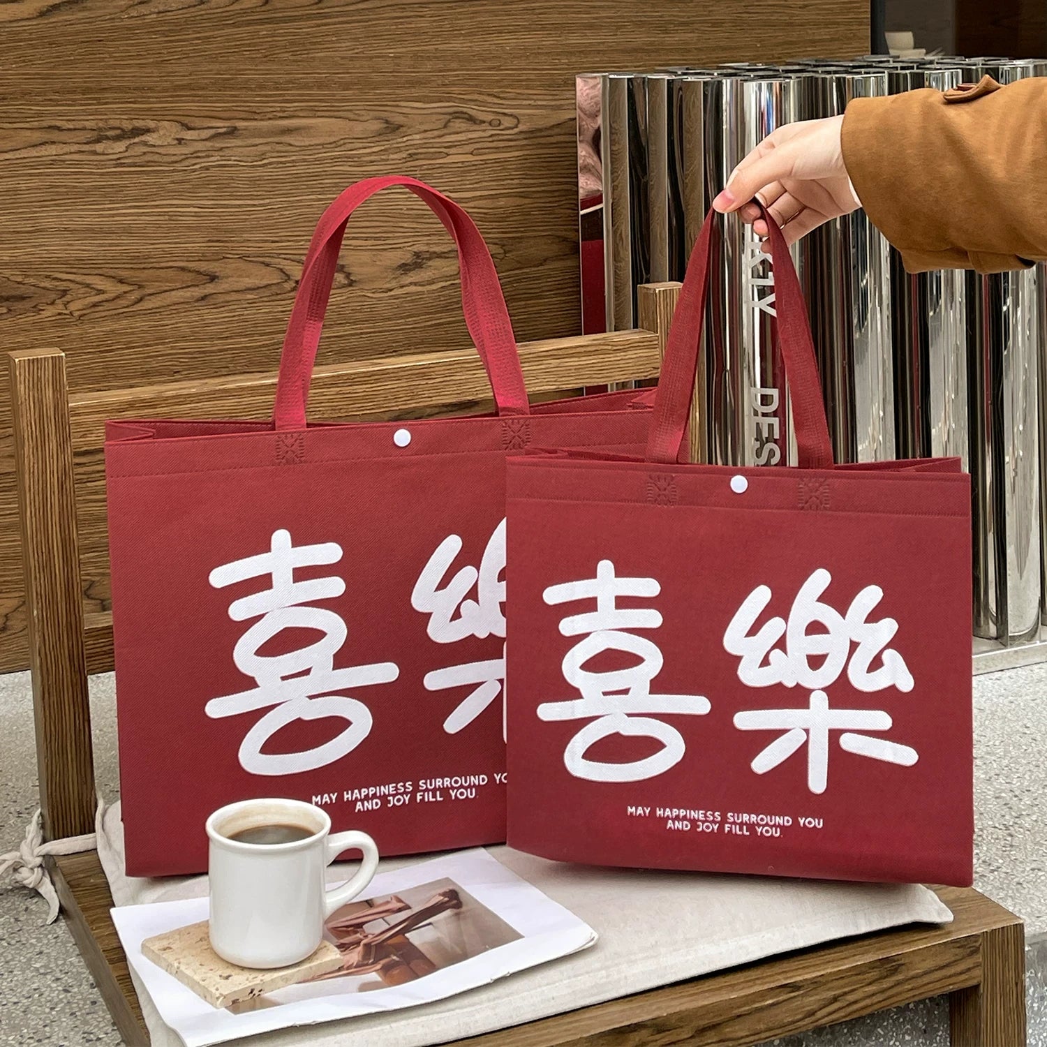 Ankara Red Joy snap-button non-woven tote bag