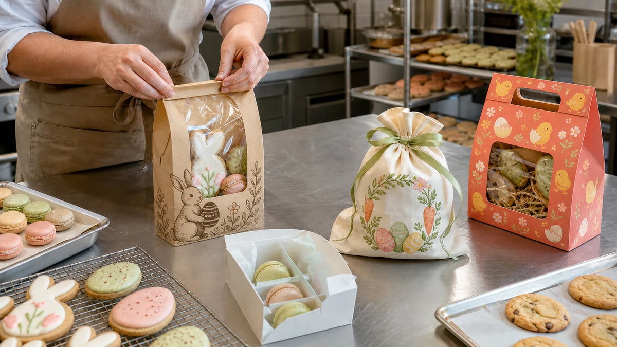 Easter bakery packaging with kraft window bag, cotton sack and chick-printed paper carrier