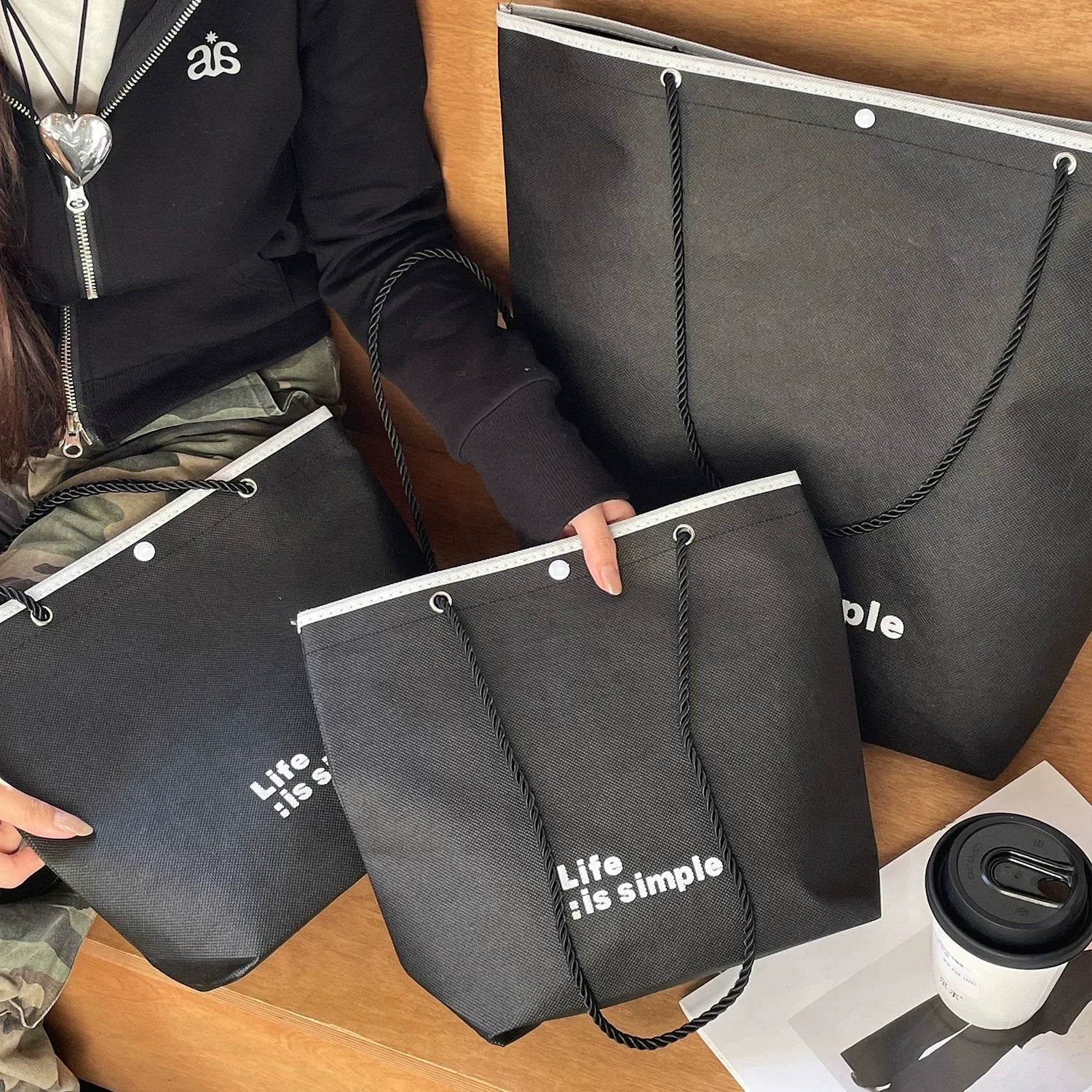 Printed Black Life Is Simple trapezoid non-woven tote bag