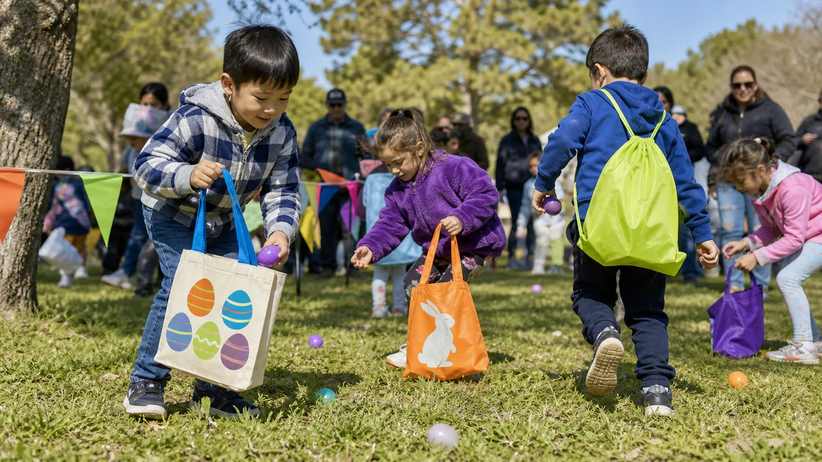 Children using custom rabbit and egg-hunt tote bags at an Easter event