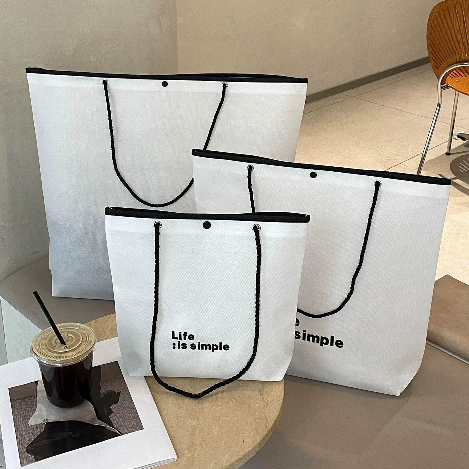 Printed White Life Is Simple trapezoid non-woven tote bag
